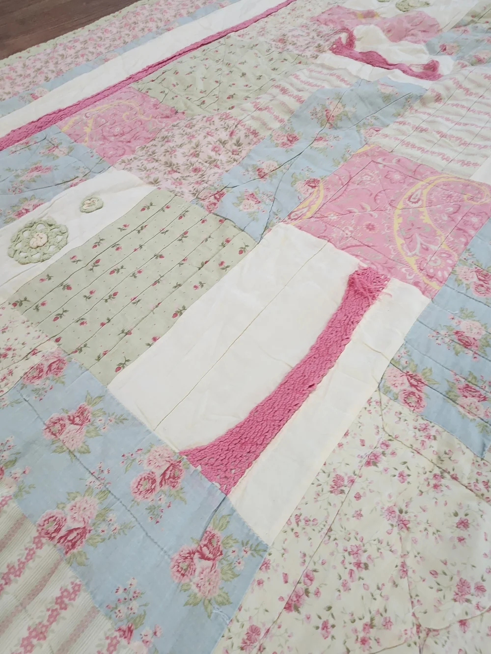 Handmade Pastel Patchwork Quilt Throw - Pink, Blue & Green 80x75